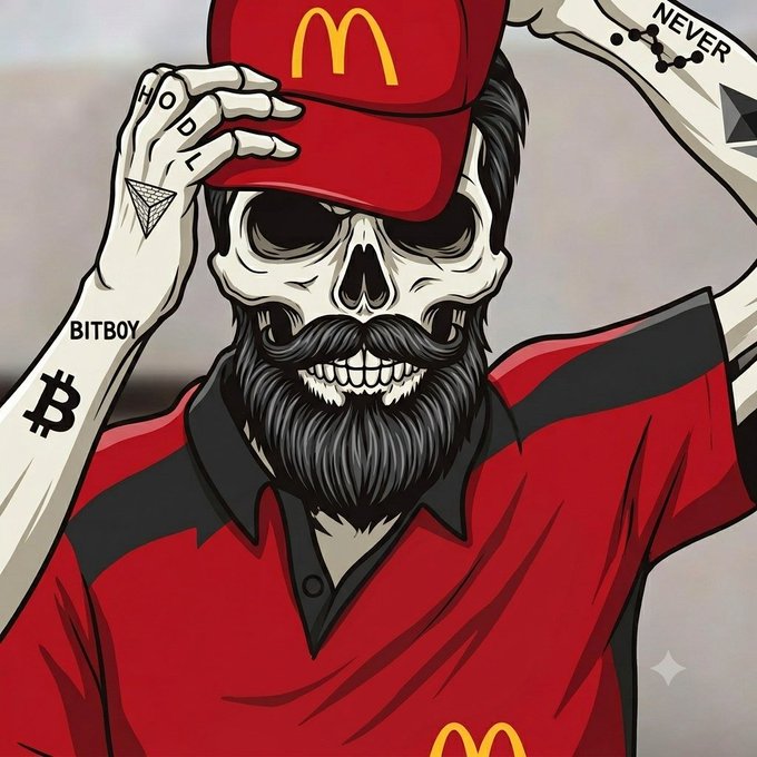 The image features a cartoon illustration of a man with a beard wearing a red shirt that has a McDonald's logo on it. He also has tattoos on his arms and hands. The man is holding up a red hat, which appears to be a baseball cap or a top hat, depending on the perspective. The post in question reads "Gm degens, here we go again", suggesting that this image might have been created as part of a series or collection related to the McDonald's brand.

The man is wearing a red shirt with a McDonald's logo and has tattoos on his arms and hands. He is holding up a red hat in front of him, which could be interpreted as a reference to the iconic "McDonald's" logo or simply an interesting visual element within the image.