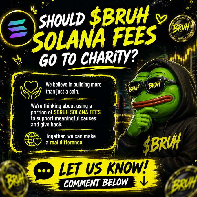 The image features a cartoon character wearing sunglasses, a hoodie, and glasses with the text "Let us know!" written below them. The background of the image shows a city skyline at night, which appears to be yellow and green. Below this scene is a banner that reads "#BruhCoin #BRUH #Solana fees #Cryptocurrency", indicating it's related to the character or the post.