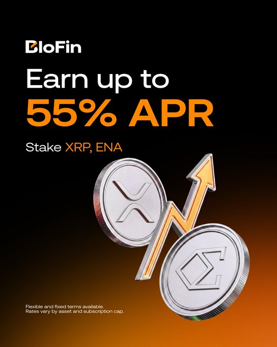 A BloFin promotional graphic advertises "Earn up to 55% APR" by staking XRP and ENA, featuring 3D renderings of both coins alongside an upward-pointing arrow that visually reinforces the high-yield savings offer. The dark background with bold orange and white typography aligns with the post's Monday Exclusive promotion, emphasizing the lucrative returns available through the platform's flexible and fixed-term earning options.