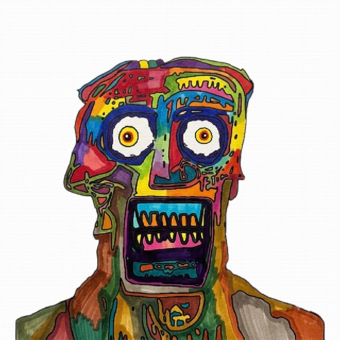 A colorful abstract painted illustration of a face with wide yellow eyes, colorful patches of red, blue, green, and orange, and an open mouth showing teeth.