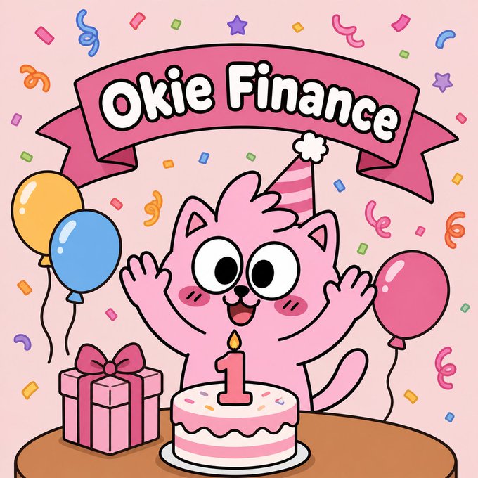 A pink cartoon cat wearing a party hat celebrates with balloons, confetti, and a birthday cake displaying the number 1, under a banner reading 'Okie Finance'.