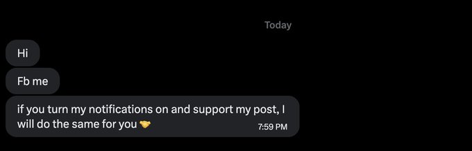 A direct message exchange showing someone offering a reciprocal deal: "if you turn my notifications on and support my post, I will do the same for you" with a handshake emoji, sent at 7:59 PM. The image exemplifies the "N4N" (Notifications for Notifications) exchange the post is criticizing as a hollow form of engagement-seeking on social media.