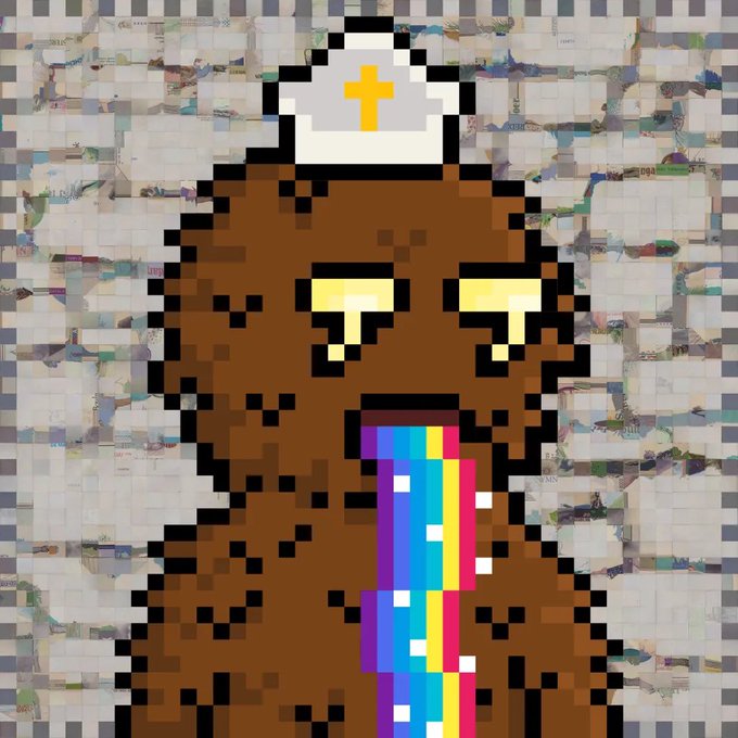A pixel art illustration of a brown religious figure wearing a white and gold mitre, with a rainbow-colored liquid dripping from its mouth against a glitchy mosaic background.