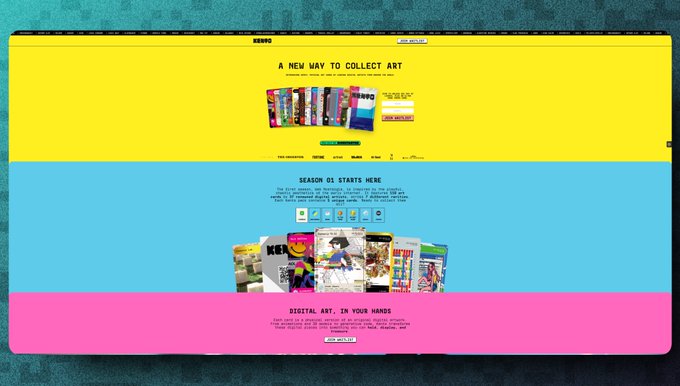 The image shows a website with a colorful background featuring a variety of different colored squares, including pink, blue, yellow, green, and white. The website appears to be an art gallery or store showcasing various pieces of artwork. The title "Seasonal Art" is prominently displayed at the top of the page, indicating that there are seasonal collections available for purchase.
