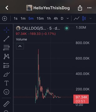 A TradingView chart showing the token 'CALLDOG/S...' with a price of 97.34K, down -169.33 (-0.17%), displaying a dramatic price spike and subsequent decline over a 5-day period.