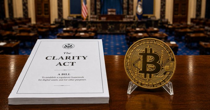 A document titled 'The CLARITY ACT' to establish a regulatory framework for digital assets sits next to a large golden Bitcoin coin on a wooden desk in what appears to be a legislative chamber.