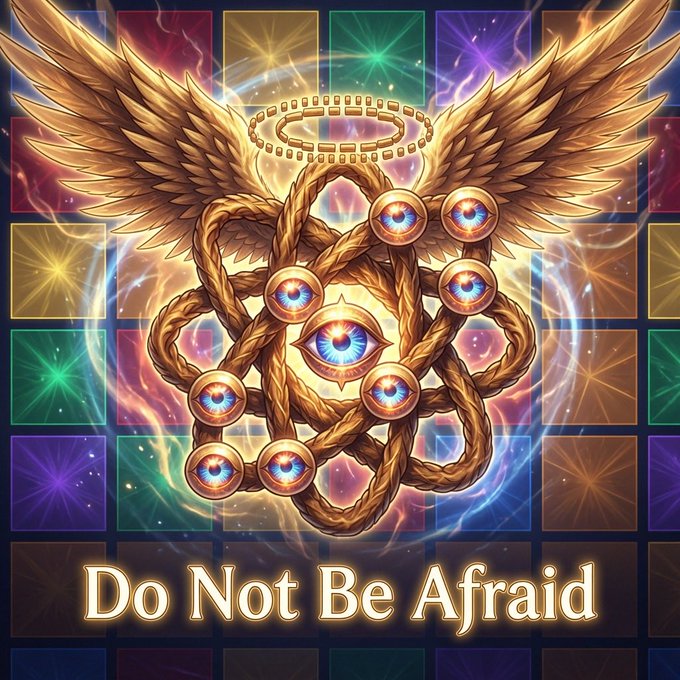 A golden winged emblem featuring braided rope, multiple blue eyes, and a halo floats above a rainbow-colored checkered background with the text "Do Not Be Afraid," serving as a mystical, spiritually charged promotional graphic for the Arc Mainnet NFT collection. The all-seeing eyes and angelic wings evoke themes of divine protection and on-chain omniscience, fitting the collection's spiritual aesthetic.