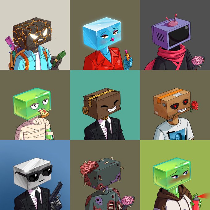 Nine cartoon characters with cube-shaped heads in various themes—a lava-headed man, a woman in a red suit, a TV-headed figure, a mummy, a suited man, a heart-eyed box, a man in black with a gun, a zombie, and a green-flame-headed figure.