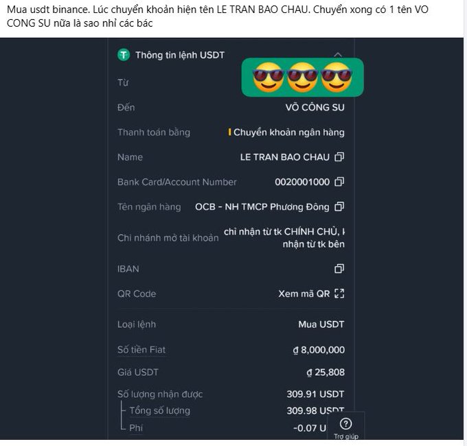 A Vietnamese Binance USDT transaction screenshot shows a purchase of 309.91 USDT for 8,000,000 VND, transferred to 'VO CONG SU' (LE TRAN BAO CHAU) via OCB bank, with user commentary questioning the recipient.