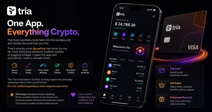 An advertisement for the 'tria' crypto app with the tagline 'One App. Everything Crypto.', showing a smartphone interface, a VISA card, and features like Secure Funds, Instant Swaps, Cross-Chain Bridging, and Spot Trading.