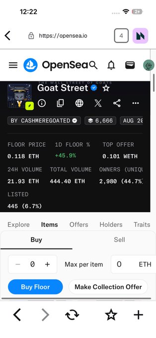 Screenshot of OpenSea.io showing the 'Goat Street' NFT collection page by CASHMERE GOATED, displaying a floor price of 0.118 ETH, 24H volume of 21.93 ETH, and 445 items listed.