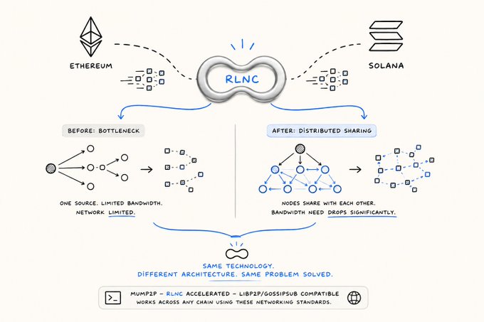 A hand-drawn diagram comparing RLNC network sharing on Ethereum and Solana blockchains, illustrating how distributed sharing reduces bandwidth bottlenecks.