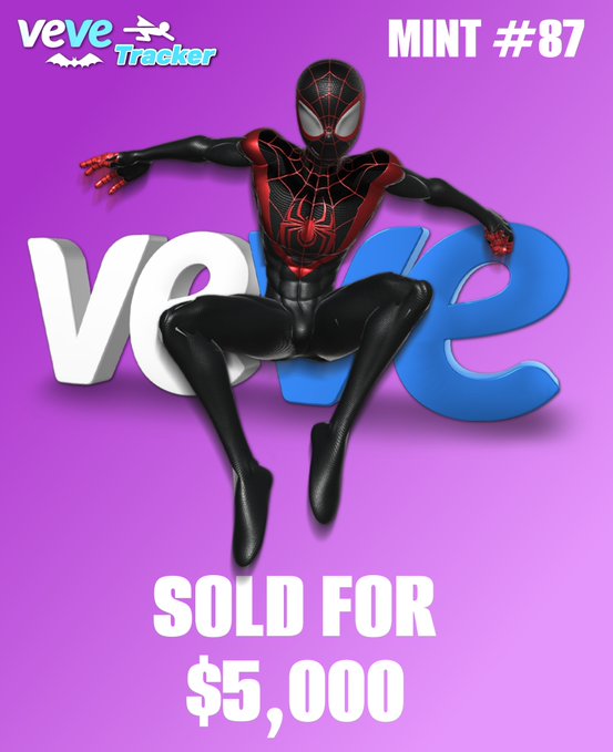 A promotional graphic for 'veve Tracker' features a Miles Morales Spider-Man figure in a dynamic pose above the text 'MINT #87' and 'SOLD FOR $5,000' on a purple background.