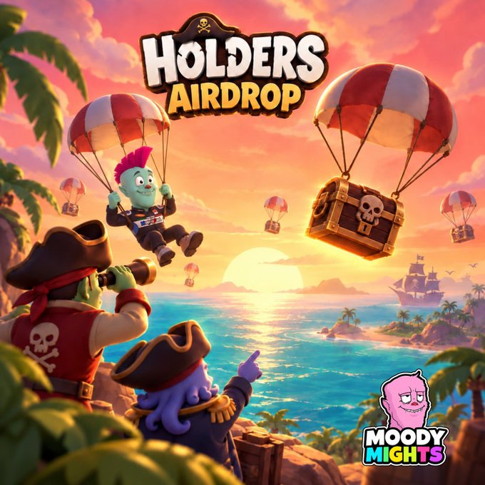 A vibrant pirate-themed promotional graphic featuring cartoon pirates with parachutes delivering treasure chests over a tropical sunset island, branded with "HOLDERS AIRDROP" at the top and "MOODY MIGHTS" logo in the corner, announcing the Holders' Airdrop event tied to Moody Madness Pirate Season on Abstract Island.