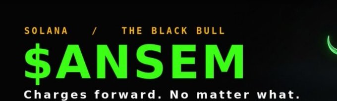 A promotional graphic for the Solana-based cryptocurrency $ANSEM, nicknamed "THE BLACK BULL," with the tagline "Charges forward. No matter what." displayed on a dark background.