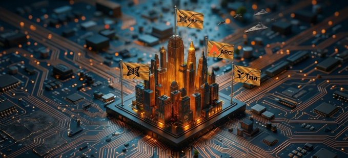 A 3D-rendered image of a glowing golden castle or fortress rising from a computer circuit board, surrounded by flags labeled with symbols including 'ARC' and 'Tria.'