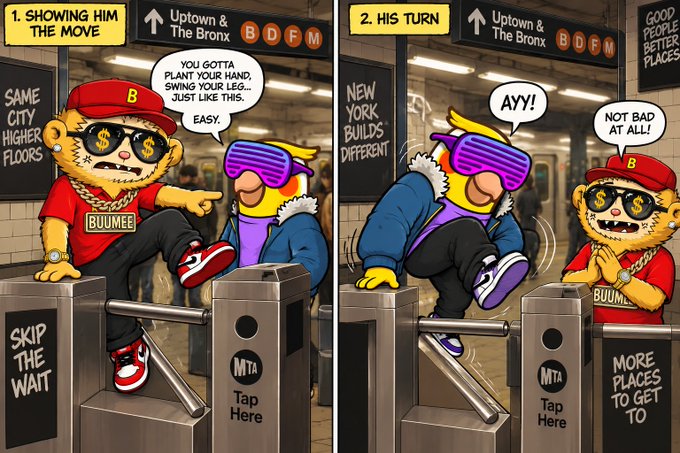 A two-panel comic set in a NYC subway station features a leopard-headed character named 'BULMEE' showing off his dance moves on a turnstile to another character wearing shutter shades, saying 'You gotta plant your hand, swing your leg... just like this. Easy.'