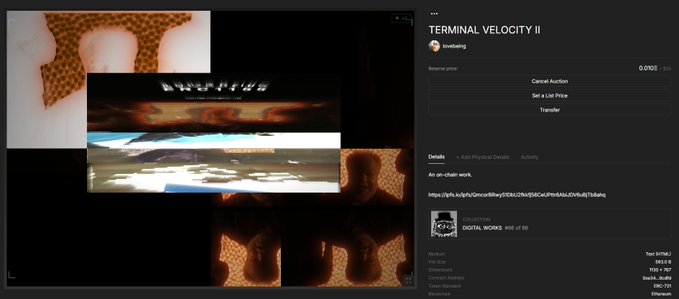 The image shows a computer screen with two tabs open. One tab displays an album cover for "gm TERMINAL VELOCITY II" by @SuperRare, while the other tab has a description of the album. The text on both tabs indicates that the album is available for a reserve at the "@super Rare I am fundraising for @cbay_cbay_cbay - Bastion.quest - faraday.cam - glitchpixelstudio.app".