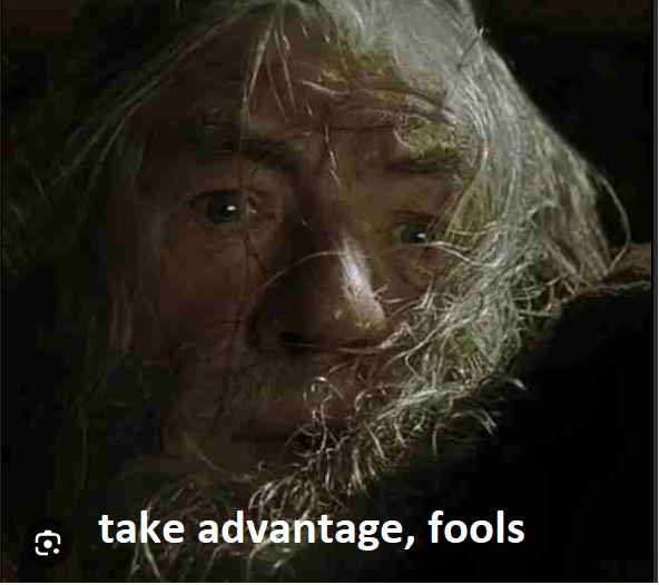 A close-up of a wild-haired, bearded man glaring intensely with the caption "take advantage, fools" at the bottom. The meme humorously urges others to seize the shared Polymarket Perps access code before it stops working, playing on the "use it before you lose it" vibe of the post.