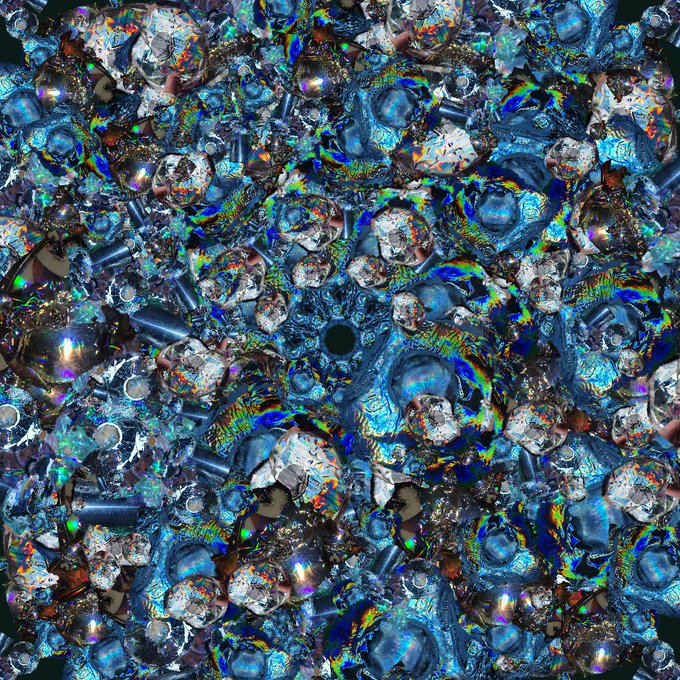An abstract, chaotic composition featuring iridescent rainbow patterns and distorted mechanical or industrial elements, possibly generated through AI or digital glitch art techniques.