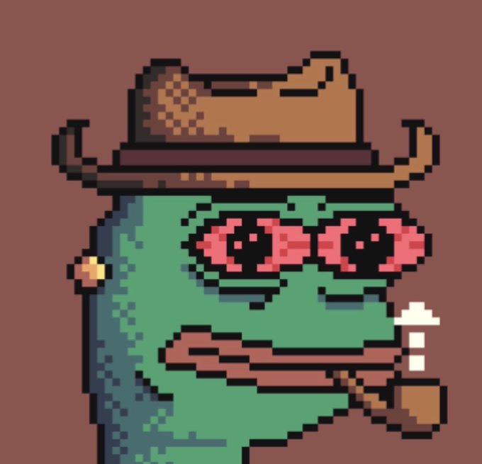 A pixel art illustration of a green frog character wearing a brown hat and pink sunglasses, smoking a pipe.