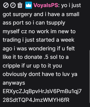 A Telegram message from user VoyalsPS asking for a 0.5 SOL donation, claiming to have had surgery and be new to trading, with a Solana wallet address provided: ERXycZJqBpvHrJsV6PmBu1qj728SdtTQP4JmzWMYH6fR.
