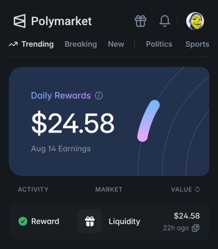 A screenshot of the Polymarket dashboard showing $24.58 in Daily Rewards from Aug 14 earnings, with a Reward entry of $24.58 logged 22 hours ago. The image illustrates the post's highlight of earning $24.58 in a single day from providing liquidity, supporting the user's point about compounding small, consistent gains on the platform.