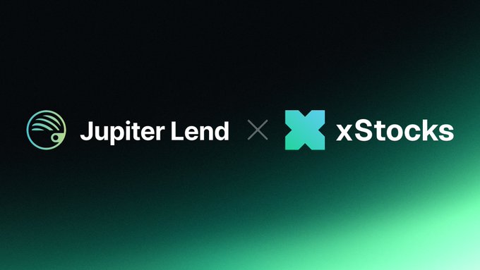 The image features a logo for a company called xStocks that is built with DeFi (decentralized finance) in mind, allowing users to tokenize their equity exposure and borrow against it. The logo includes a green "x" symbolizing the company's name and the words "jup_lend" written below it, indicating that the company offers lending services for tokenized equity positions.