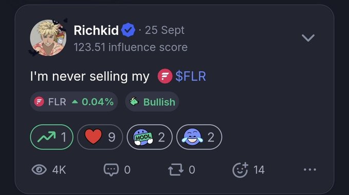 A social media post from 'Richkid' with a 123.51 influence score reads 'I'm never selling my $FLR', tagged Bullish, with 4K views.
