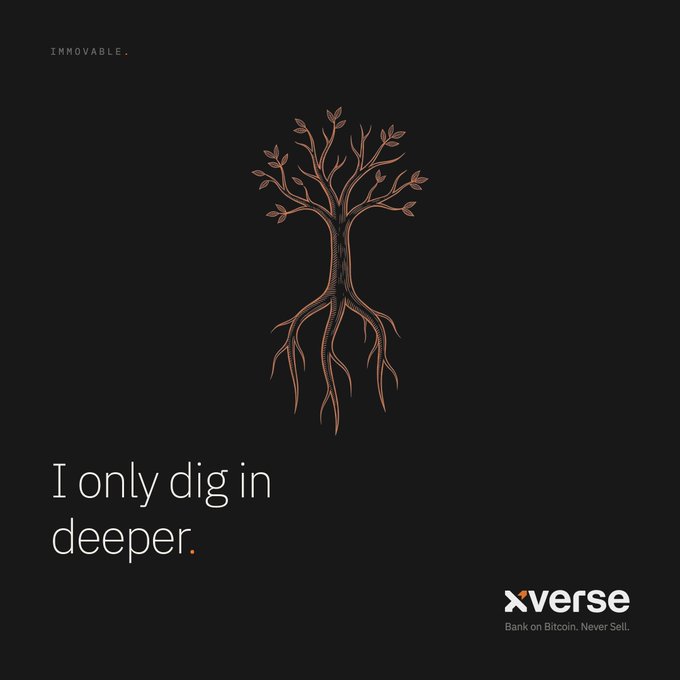 The image features a copper-colored tree with sprawling roots against a black background, accompanied by the tagline "I only dig in deeper" and branding for Xverse, a Bitcoin banking platform with the slogan "Bank on Bitcoin. Never Sell." The visual reinforces the post's message about deepening conviction in Bitcoin, using the tree's growing root system as a metaphor for an investor's unwavering commitment to holding their crypto assets through all market conditions.