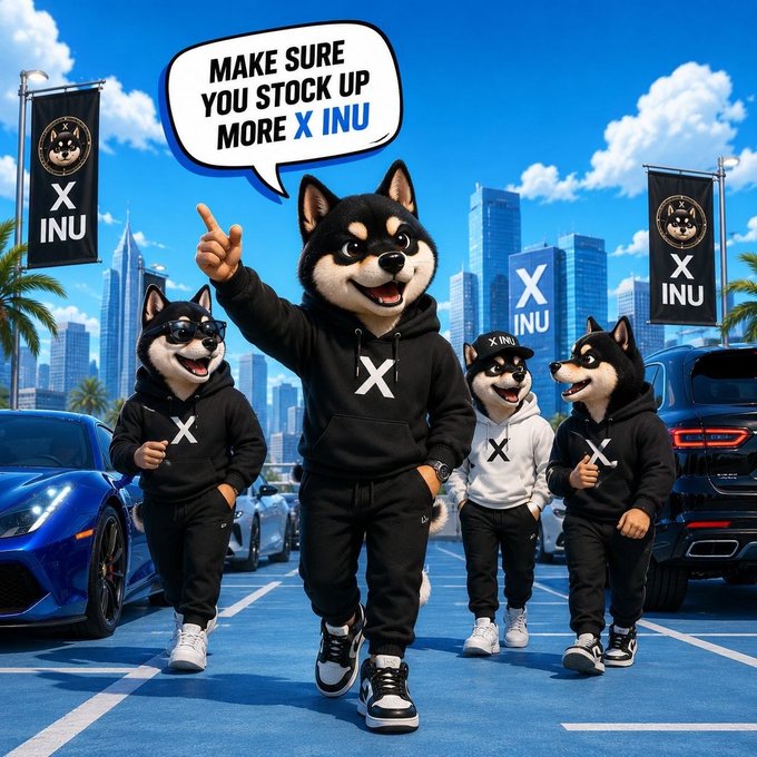 Cartoon-style promotional image of anthropomorphic Shiba Inu dogs in black and white 'X INU' hoodies walking through a parking lot with sports cars, featuring a speech bubble saying 'MAKE SURE YOU STOCK UP MORE X INU' and X INU banners.