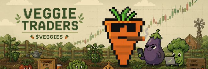 A pixel-art banner for 'VEGGIE TRADERS $VEGGIES' showing a large carrot wearing sunglasses, an eggplant holding a phone, and a broccoli character using a laptop, set against a farm backdrop with a stock chart overlay.