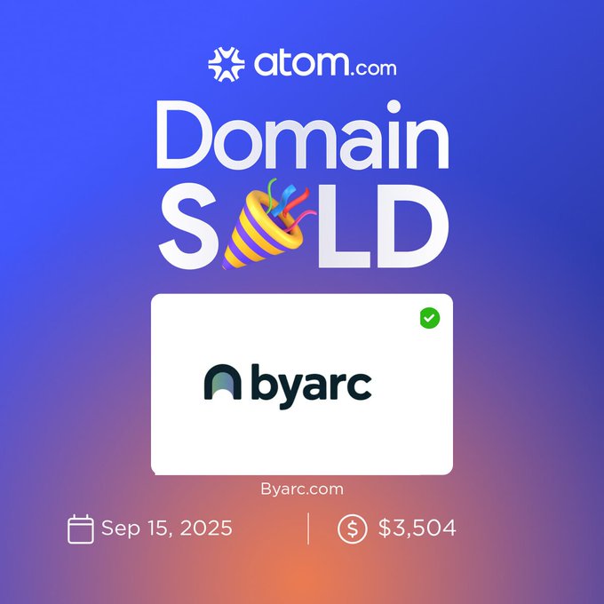 An Atom.com domain sale advertisement showing 'byarc.com' sold for $3,504 on Sep 15, 2025, with a 'Domain SOLD' celebration graphic.