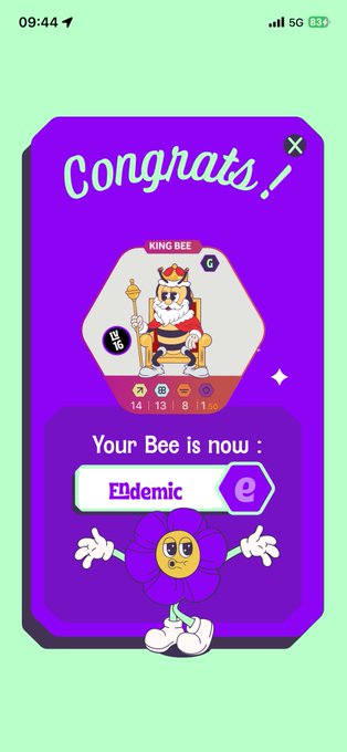 A mobile app "Congrats!" notification displays a "KING BEE" character with stats (14, 13, 8, 1) and announces "Your Bee is now: Endemic," featuring a purple flower mascot below—matching the post's celebration of earning a first Endemic Bee in the hive.