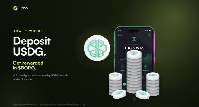 A USDG ad titled 'HOW IT WORKS — Deposit USDG. Get rewarded in $BORG.' showing a smartphone displaying €10,609.16 in balance alongside stacks of BORG coins, promoting monthly BORG rewards for holding the digital dollar.