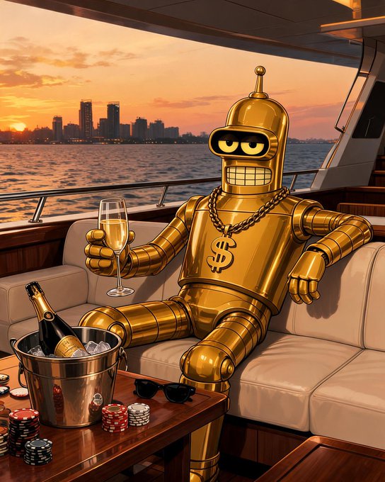 A golden Bender robot from Futurama lounging on a yacht sofa at sunset, holding a champagne glass with a bottle in an ice bucket and poker chips on the table.