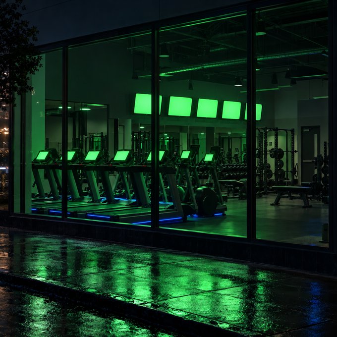 A dimly lit gym bathed in vibrant green lighting with treadmills lined up along a floor-to-ceiling window, their glowing screens and reflections creating a moody, cinematic atmosphere on the wet pavement outside. No visible text or signage appears in the image, leaving the post's promise of "signs" unfulfilled within the frame.