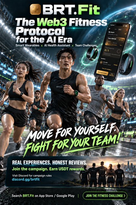 A promotional poster for **BRT.Fit** — "The Web3 Fitness Protocol for the AI Era" — features athletic runners in a stadium alongside a smartwatch and phone displaying health stats (heart rate 0/1, Team 626,628, Spent 0). The ad invites users to "Move for yourself. Fight for your team" by joining a campaign at **discord.gg/brtfit** for honest reviews and USDT rewards.