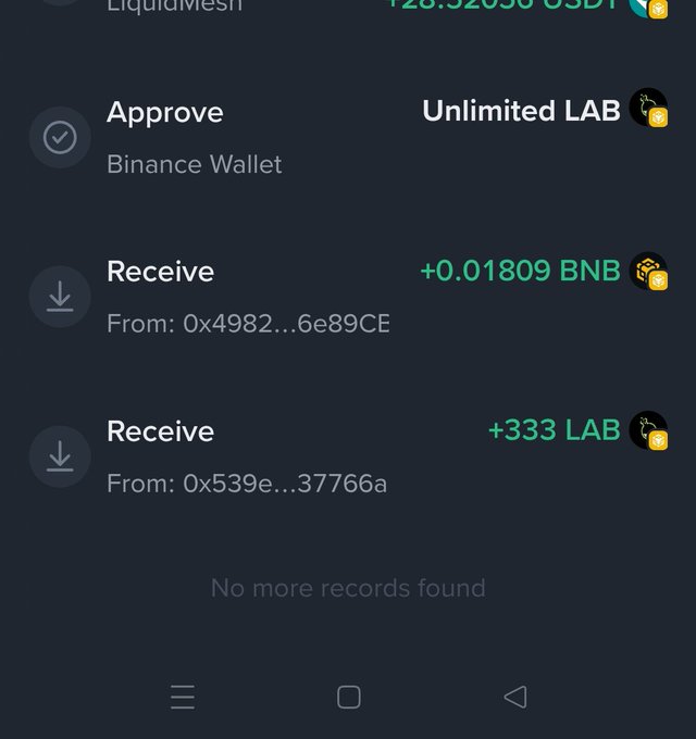 A screenshot of a crypto wallet transaction history showing an 'Approve Unlimited LAB' to Binance Wallet, plus received amounts of '+0.01809 BNB' and '+333 LAB' from various addresses.