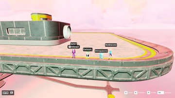 The image shows a group of people standing on top of a platform, with a pink background that gives off a retro vibe. The people are positioned around the edge of the platform, possibly waiting for an event or competition to begin. There's also a small boat in the scene, which adds to the overall atmosphere and suggests that this might be a themed gathering or party.