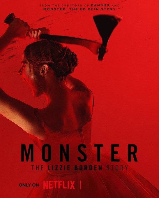 A promotional poster for "Monster: The Lizzie Borden Story" on Netflix, featuring a woman raising an axe overhead against a vivid red background, with text noting it's from the creators of "Dahmer" and "Monster: The Ed Gein Story." The image's menacing red aesthetic and central axe imagery align with the post's metaphor of Bitcoin's volatile market being "axed" or "hammered," symbolizing a brutal downturn witnessed by investors.