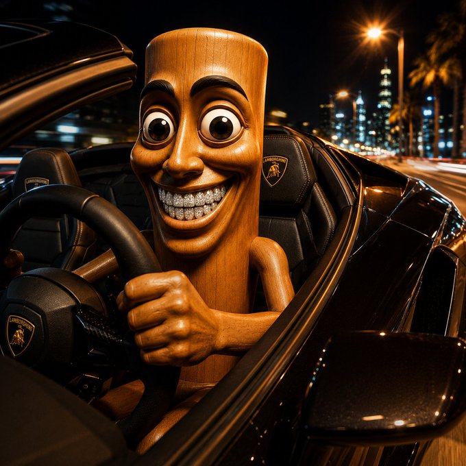 An AI-generated image of a wooden mannequin-like character with large cartoonish eyes, diamond-studded teeth, and a wide grin, sitting in the driver's seat of a Lamborghini convertible at night with a city skyline in the background.