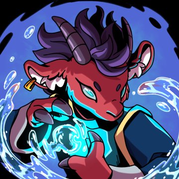 A stylized illustration of a red dragon-like character with purple hair, horns, and an earring, surrounded by glowing blue water effects against a circular blue backdrop.