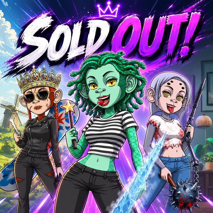A colorful promotional graphic with 'SOLD OUT!' text featuring three cartoon-style female characters with crowns, weapons, and green hair, including one character with a lollipop.