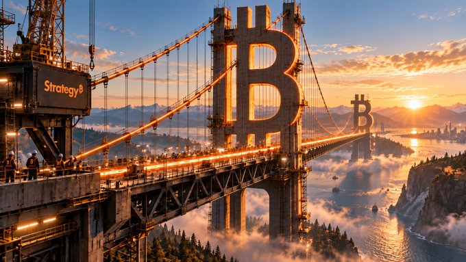 A digital artwork depicts a massive suspension bridge constructed in the shape of the Bitcoin "₿" symbol, with the word "Strategy" displayed on a nearby construction crane. The image visually represents the post's message about building and reinforcing the bridge between traditional finance (represented by the ticker $MSTR) and Bitcoin ($BTC) to inspire confidence in its durability.
