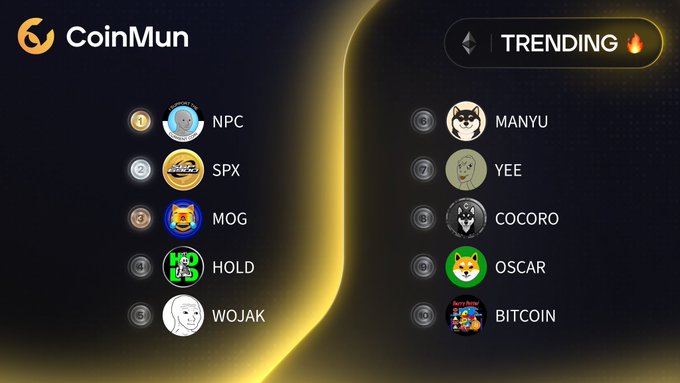 A CoinMun cryptocurrency platform graphic displays a 'TRENDING' leaderboard featuring meme coins including NPC, SPX, MOG, HOLD, WOJAK, MANYU, YEE, COCORO, OSCAR, and BITCOIN.