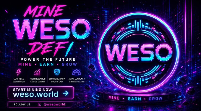 The image features a poster for a mining company called WESO. The poster has a dark background, with neon colors that make the text stand out. The main focus of the poster is a large circle containing the words "WESO" written in blue and pink letters. Below this, there are several smaller texts providing information about the company's services or products. One of these texts reads "Power the future Mine + Earn + Grow", indicating that WESO offers mining opportunities for those who invest their time and resources into it. The poster also includes a social media share button, suggesting that the company encourages its followers to spread the word about their business through social media platforms.