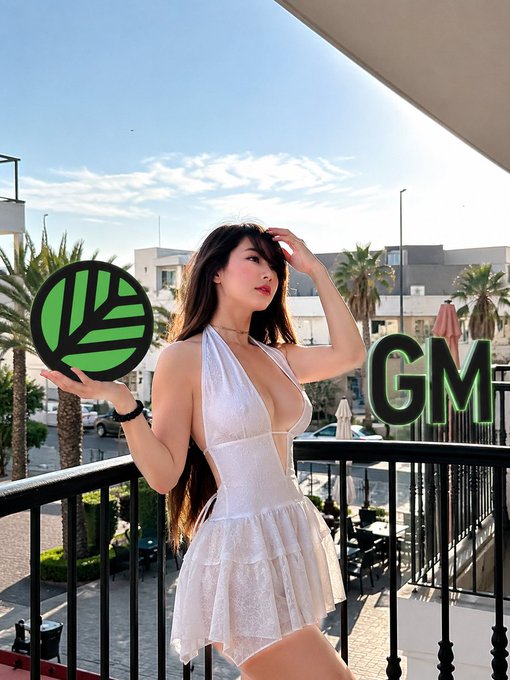 The image features a woman wearing a white dress standing on a balcony with palm trees behind her. She holds up a green circle sign that says "GMP" above her head. The scene suggests an advertisement or promotional event related to GMP, possibly for a company or product.
