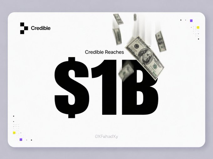 A promotional graphic for Credible displaying "Credible Reaches $1B" in large black text with falling dollar bills.