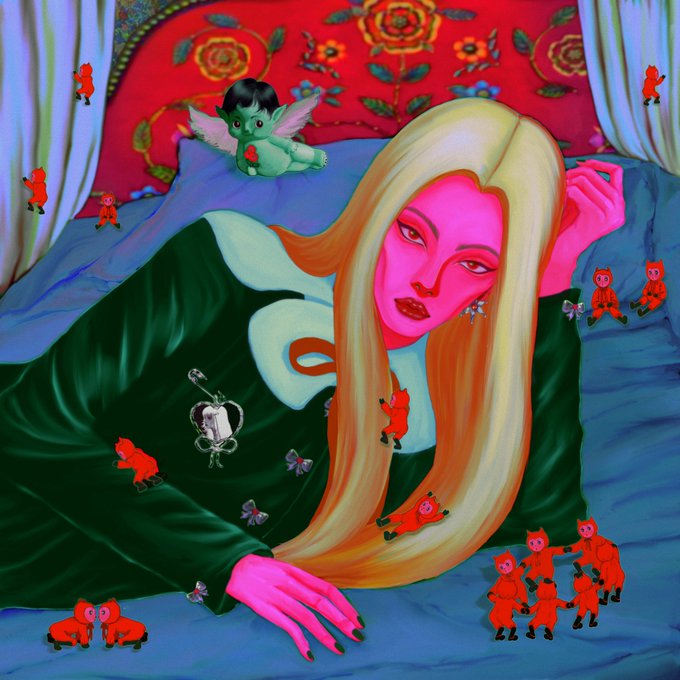 A surreal painting shows a woman with pink skin and blonde hair lying down, surrounded by small red goblin-like figures, with a green winged creature in the background.